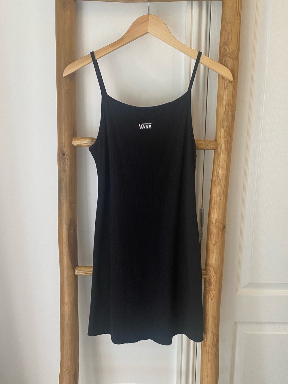 Vans Jessie Mini Dress Black Ribbed Bodycon Spaghetti Straps Sz Small White Logo